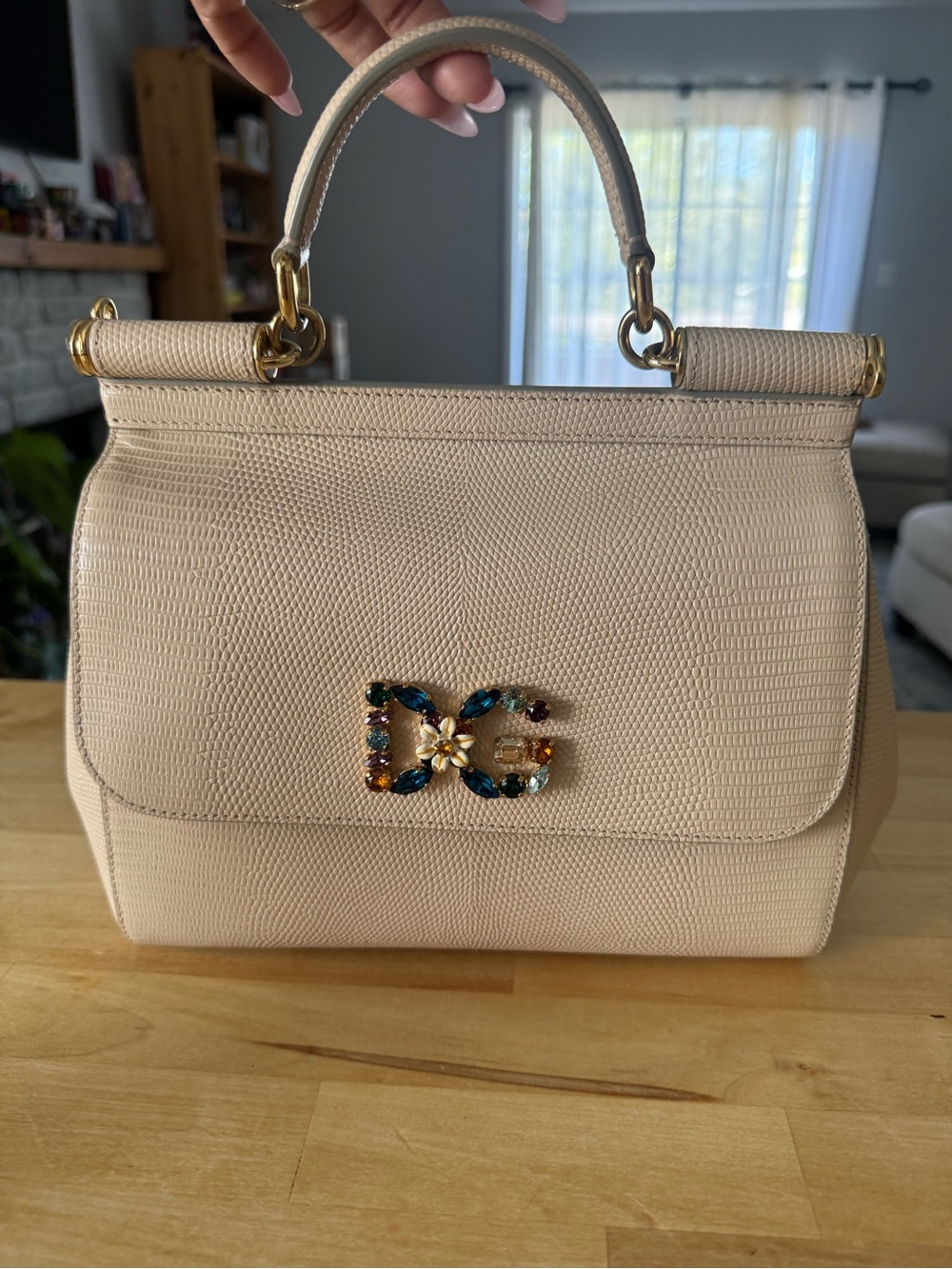 Dolce & Gabbana Light Beige Jeweled DG Top-Handle Satchel /strap included